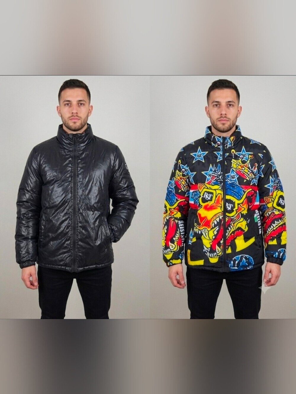 Reversible Black and Multicolor Graphic Puffer Jacket